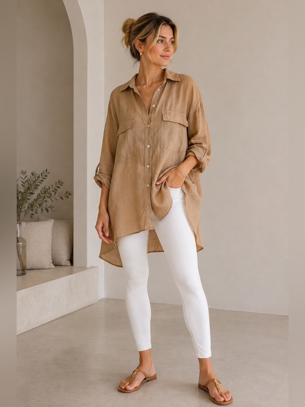 Zara Oversized Button-Down Shirt in Tan